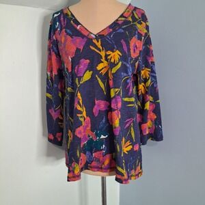 Escape by Habitat Clothes Floral Cotton Slub V-Neck 3/4 Sleeve Top Navy Multi M
